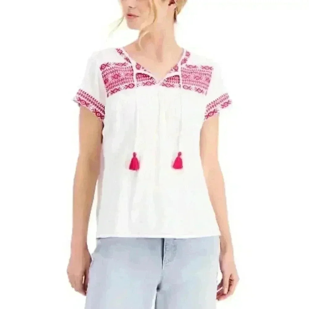 Style & Co Women's Cotton Embroidered Casual Top (XL, Bright White)‎